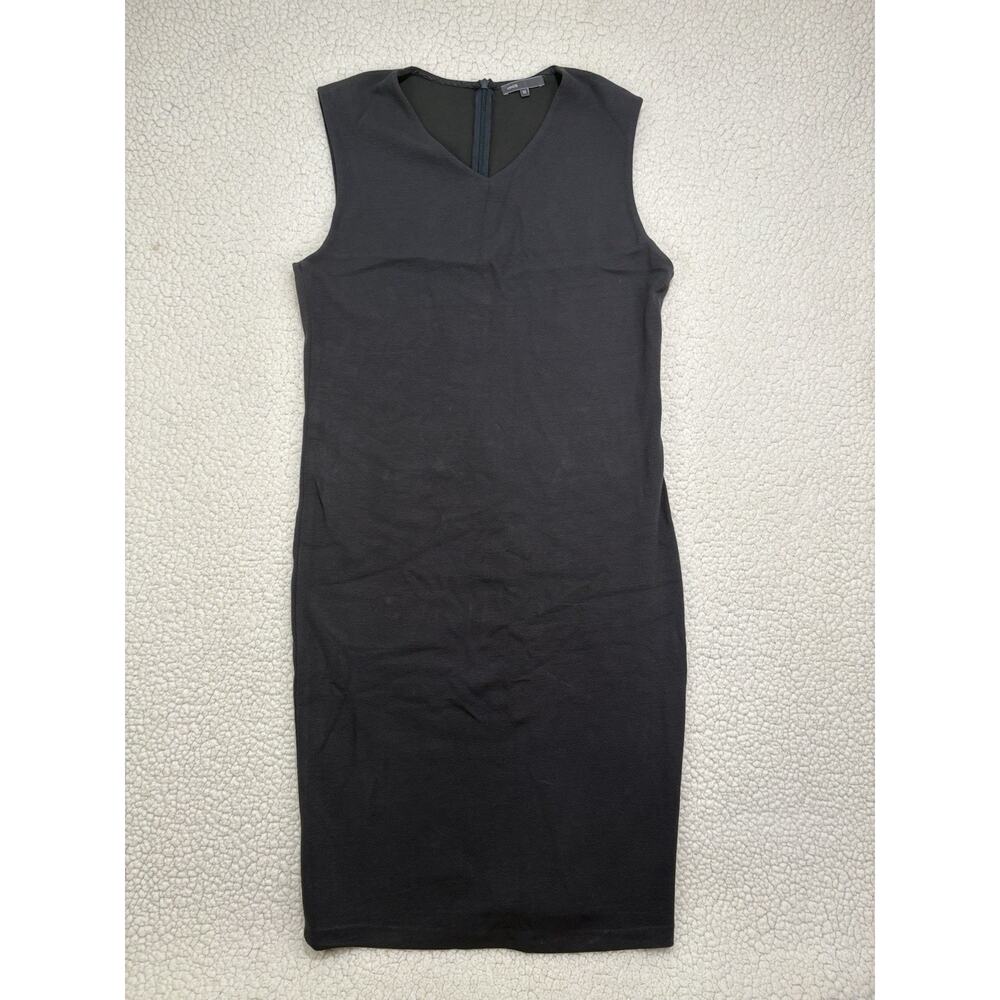 Vince V-Neck Crepe Knit Sheath Dress Grey Size 12 Fitted Sleeveless Knee Length
